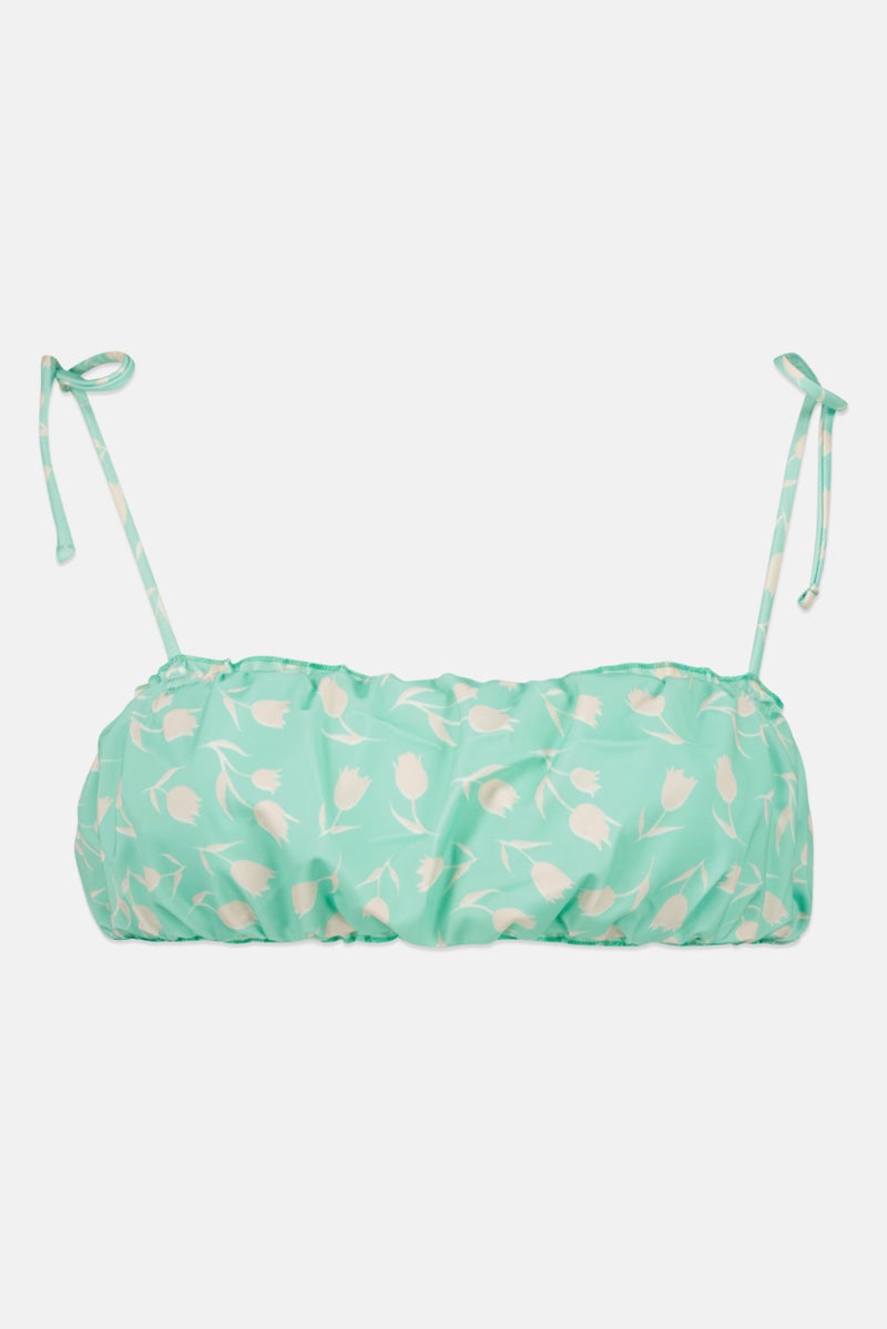 Asos Design Women Tie Shoulder Floral Print Bikini Top, Green  - Image 1
