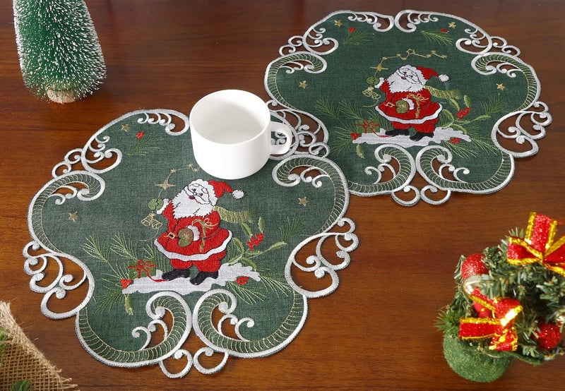 GRANDDECO GRANDDECO Christmas Placemats Set of 4 Round 14inch Embroidered Snowman and Holly Trees Pattern Festive Winter Dresser Scarf Table Topper for Family Xmas Home Kitchen Dinner Party Decoration Green  - Image 3