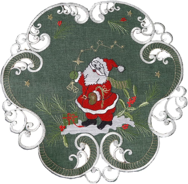 GRANDDECO GRANDDECO Christmas Placemats Set of 4 Round 14inch Embroidered Snowman and Holly Trees Pattern Festive Winter Dresser Scarf Table Topper for Family Xmas Home Kitchen Dinner Party Decoration Green  - Image 4