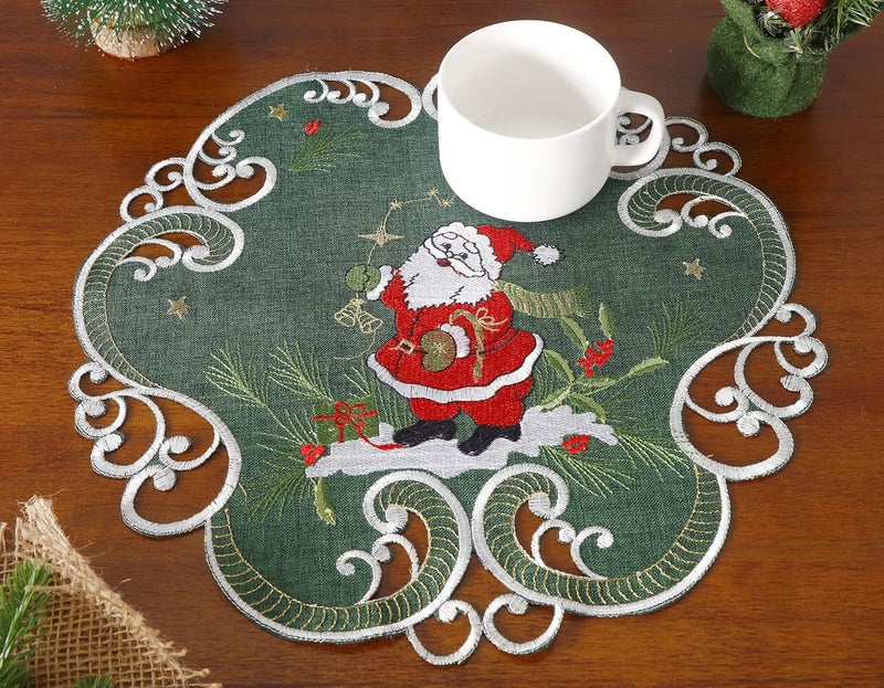 GRANDDECO GRANDDECO Christmas Placemats Set of 4 Round 14inch Embroidered Snowman and Holly Trees Pattern Festive Winter Dresser Scarf Table Topper for Family Xmas Home Kitchen Dinner Party Decoration Green  - Image 5