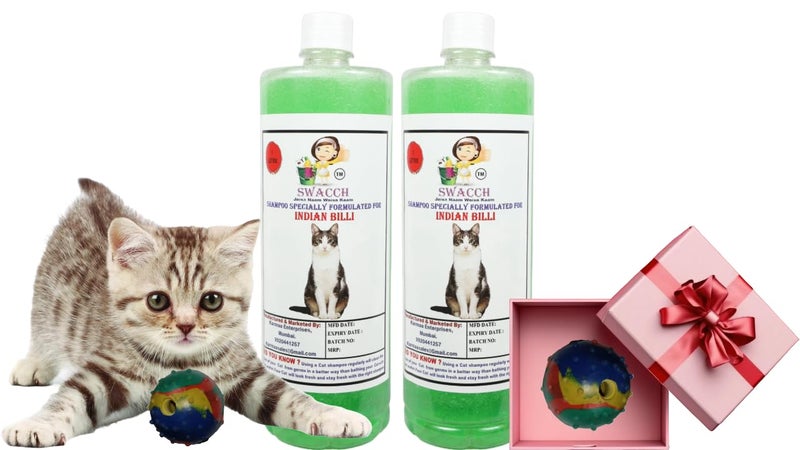 swacch Indian Billi Shampoo + Rubber Musical Ball I Chew Playing Rubber Ball I Interactive Cat Toy Balls I Training & Play I Combo Pack I 1 Litre Pack of 2 Neem Alovera - Image 1
