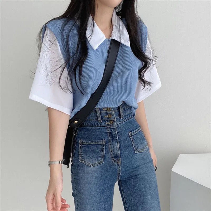 Summer 2024 Preppy Color-Block Polo T-Shirt Womens Casual Loose Fit Tee Black  - Image 5