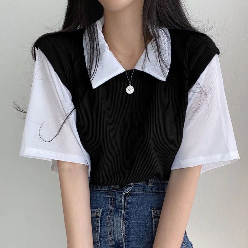 Summer 2024 Preppy Color-Block Polo T-Shirt Womens Casual Loose Fit Tee Black  - Image 1