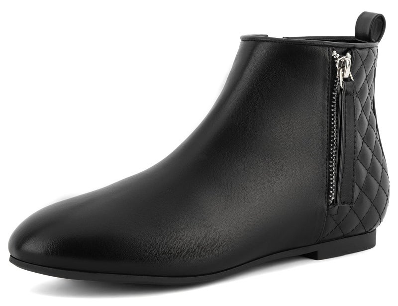 MaxMuxun Women's Ankle Boots Flat Low Heel Booties Ladies Quilted Fall Winter Fashion Boots with Side Zipper Black PU Size 6.5 - Image 1