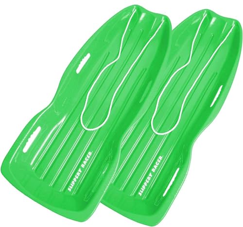 Slippery Racer Downhill Xtreme Flexible Adults and Kids Plastic Toboggan Snow Sled for up to 2 Riders with Pull Rope and Handles Green 2 Pack - Image 1