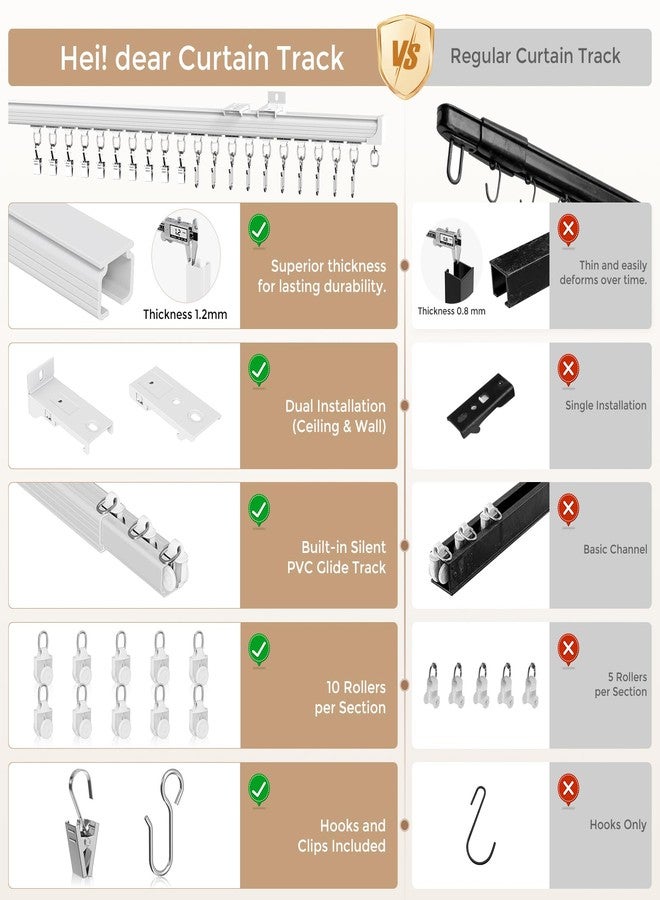 Hei! dear Curtain Track 6-9ft White - Adjustable Ceiling/Wall Mount, Heavy Duty Curtain Rail System with 30 Rollers, 30 Hooks & 30 Clips, Room Divider for Grommet/Pleated Curtains - Image 3