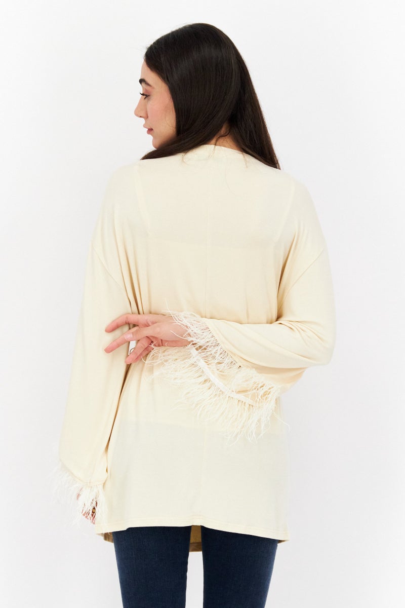 Weworewhat Women Open Front Long Sleeve Feathers Casual Blazer, Ivory  - Image 3
