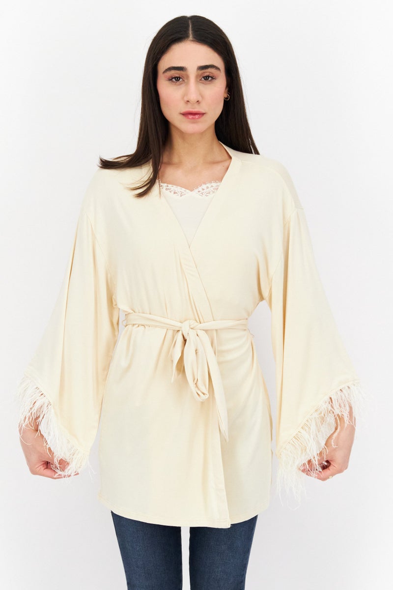 Weworewhat Women Open Front Long Sleeve Feathers Casual Blazer, Ivory  - Image 1