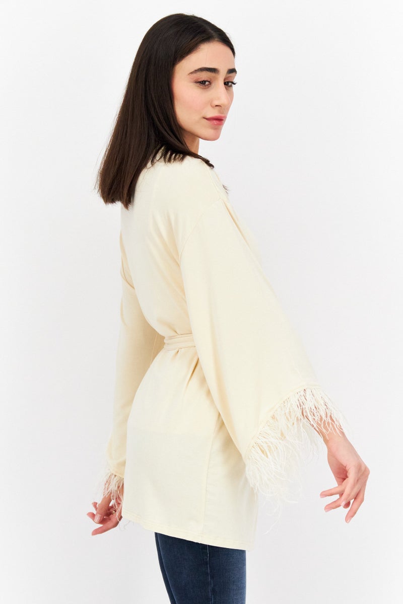 Weworewhat Women Open Front Long Sleeve Feathers Casual Blazer, Ivory  - Image 2
