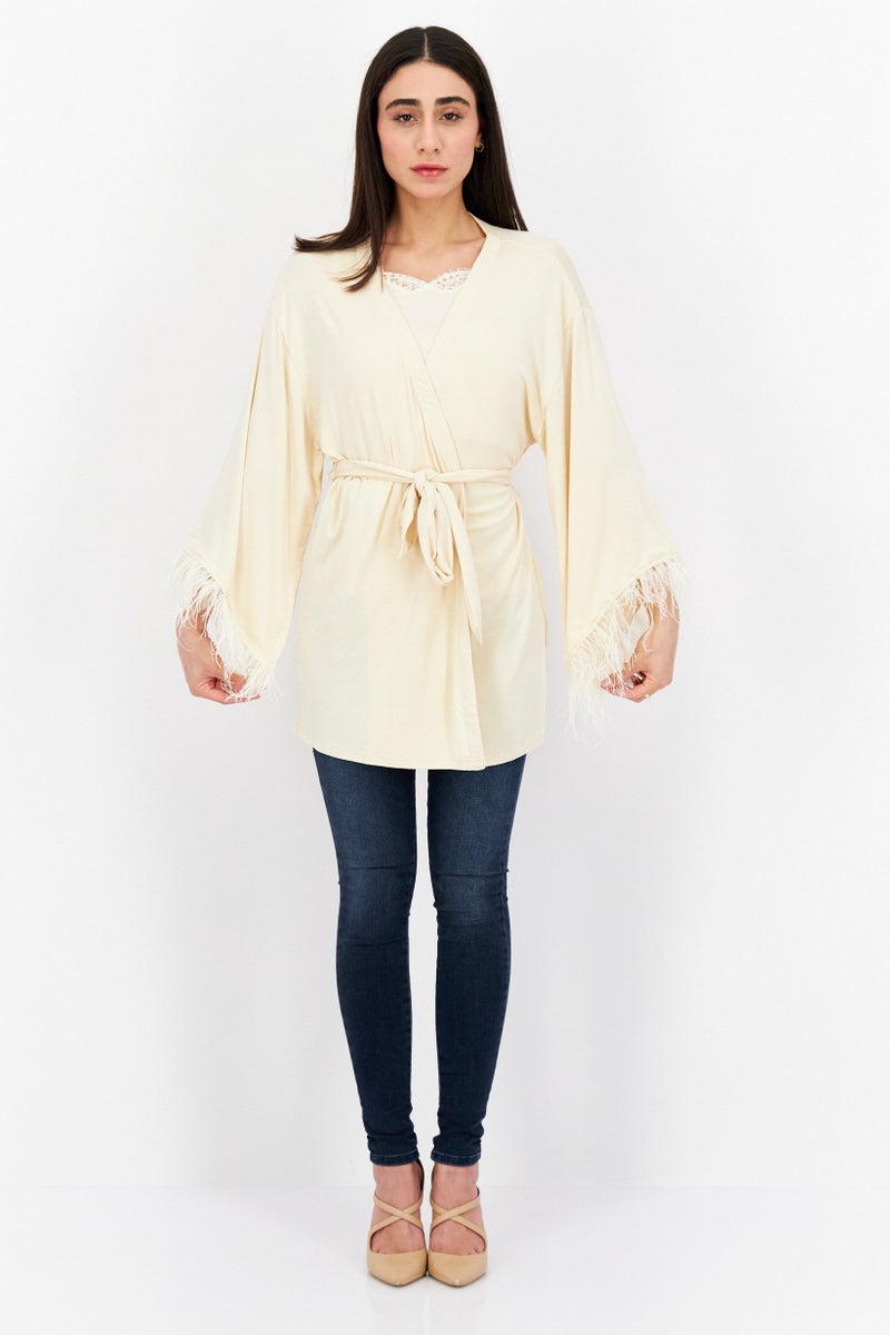 Weworewhat Women Open Front Long Sleeve Feathers Casual Blazer, Ivory  - Image 4