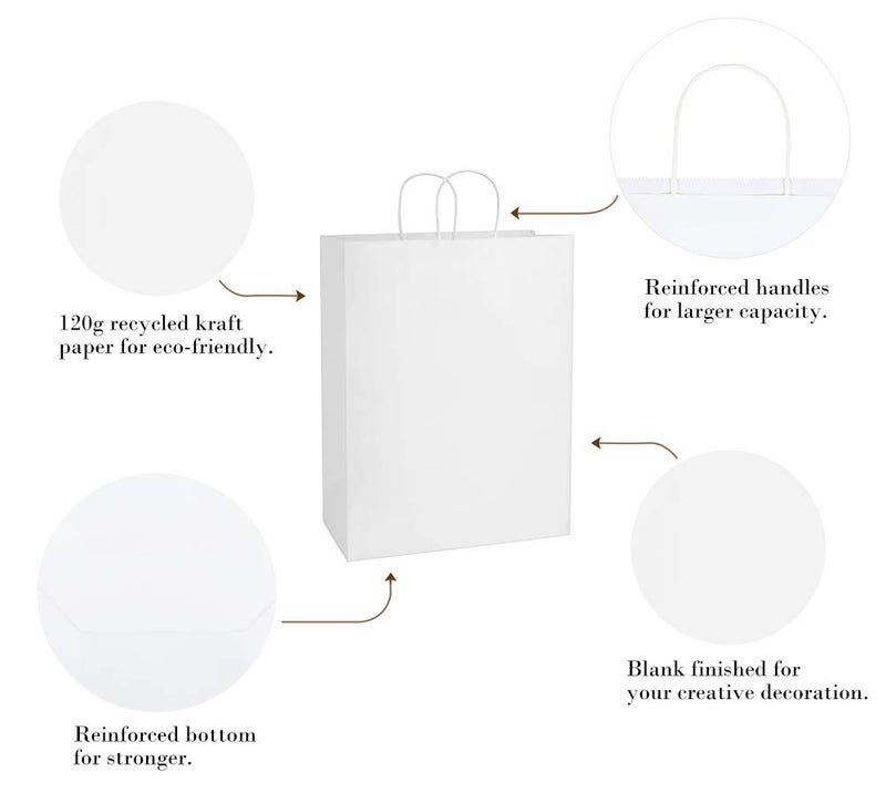 BagDream Kraft Paper Bags 13x7x17 50Pcs White Gift Bags with Handles Bulk Large for Shopping, Party Favors, Retail, Merchandise, Grocery Recyclable Paper Sacks - Image 2