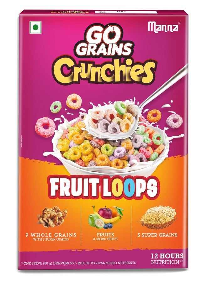 Manna Go Grains Crunchies Fruit Loops. Multigrain Breakfast Cereal for Kids. No Maida, Made with 9 Grains. Fortified Cereal with 50% RDA of 23 Essential Vitamins and Minerals in every bowl. 250g - Image 1