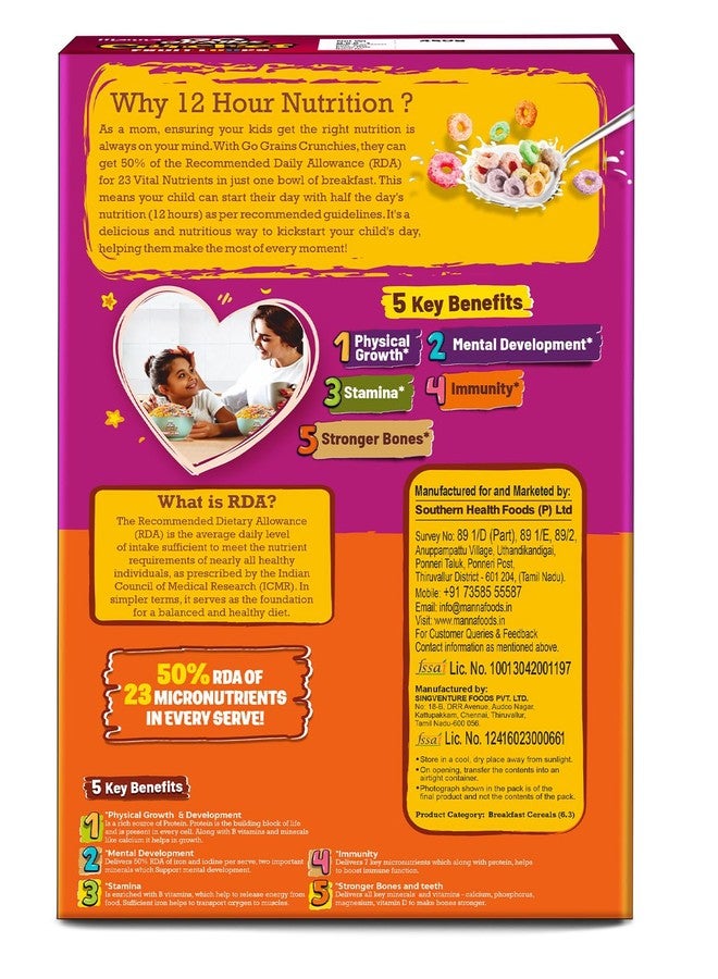 Manna Go Grains Crunchies Fruit Loops. Multigrain Breakfast Cereal for Kids. No Maida, Made with 9 Grains. Fortified Cereal with 50% RDA of 23 Essential Vitamins and Minerals in every bowl. 250g - Image 2