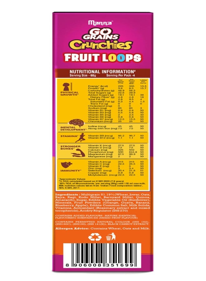 Manna Go Grains Crunchies Fruit Loops. Multigrain Breakfast Cereal for Kids. No Maida, Made with 9 Grains. Fortified Cereal with 50% RDA of 23 Essential Vitamins and Minerals in every bowl. 250g - Image 4