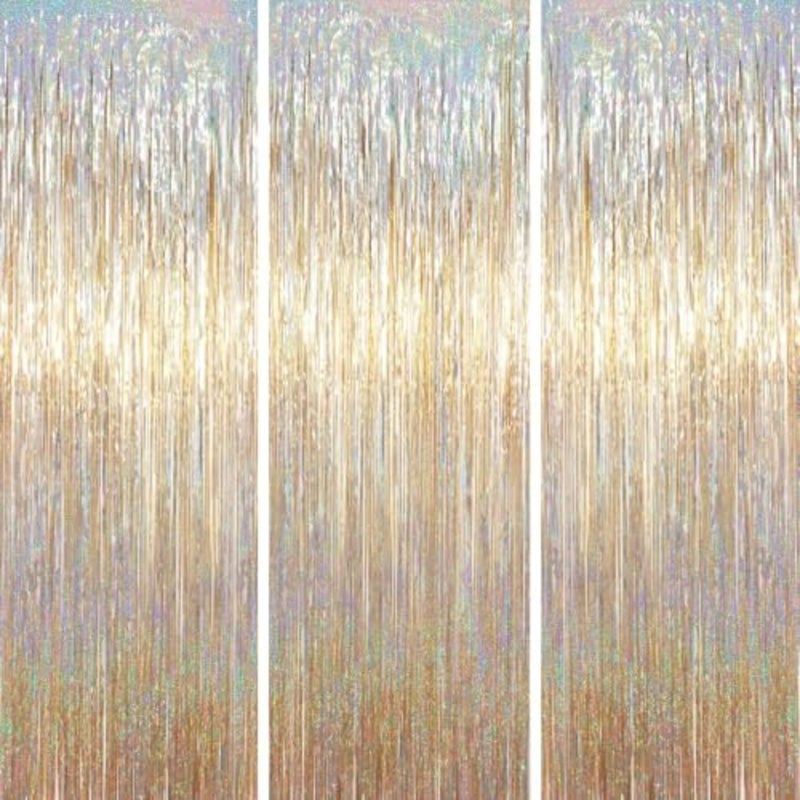 3 Pcs Champagne Gold Tinsel Curtain Backdrop, Tinsel Streamers Party Decorations, Fringe Backdrop for Birthday, Champagne Foil Fringe Backdrop Curtains for Anniversary Wedding Supplies 3.28 x 6.56 ft - Image 1