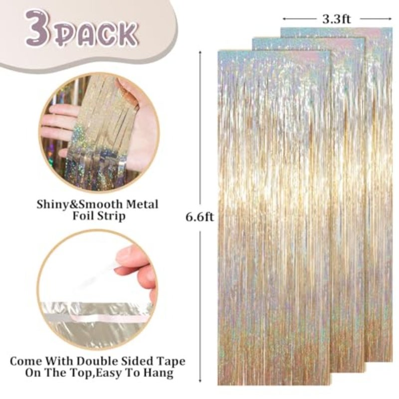 3 Pcs Champagne Gold Tinsel Curtain Backdrop, Tinsel Streamers Party Decorations, Fringe Backdrop for Birthday, Champagne Foil Fringe Backdrop Curtains for Anniversary Wedding Supplies 3.28 x 6.56 ft - Image 3