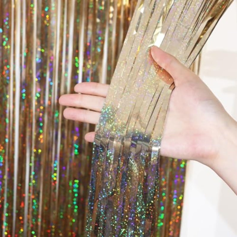 3 Pcs Champagne Gold Tinsel Curtain Backdrop, Tinsel Streamers Party Decorations, Fringe Backdrop for Birthday, Champagne Foil Fringe Backdrop Curtains for Anniversary Wedding Supplies 3.28 x 6.56 ft - Image 2
