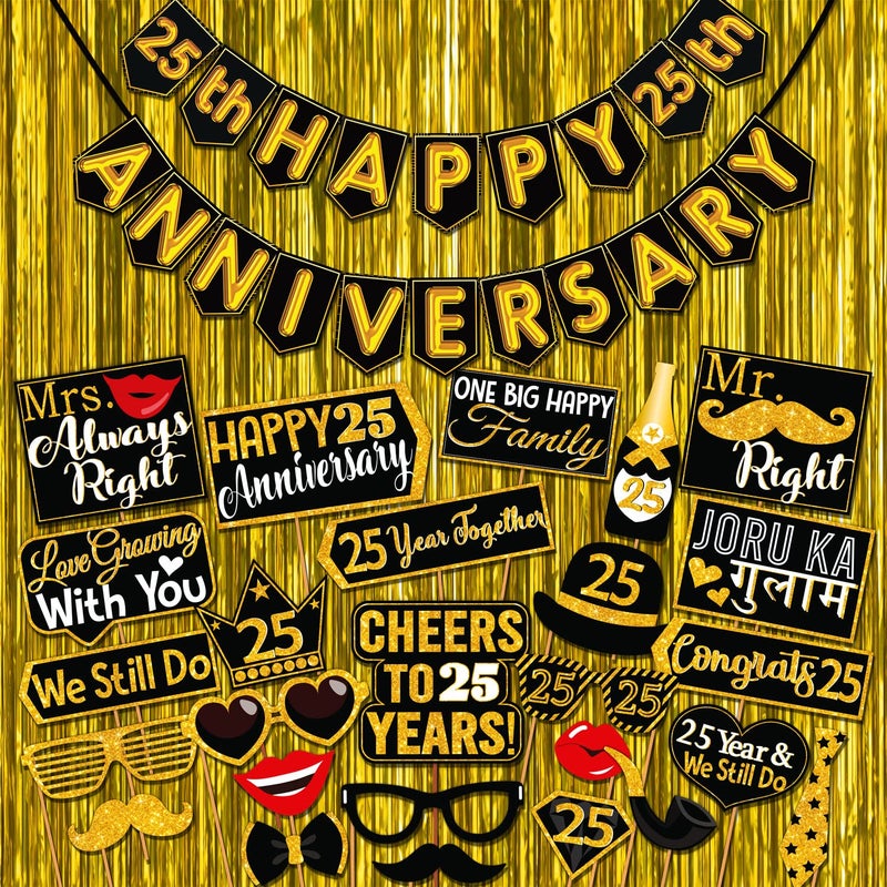 Wobbox Happy Anniversary Bunting Banner Black & Golden Shiny Font 25th Year with Happy Anniversary Party Props & Golden Colour Foil Fringe, Happy Anniversary Decoration Item - Image 4
