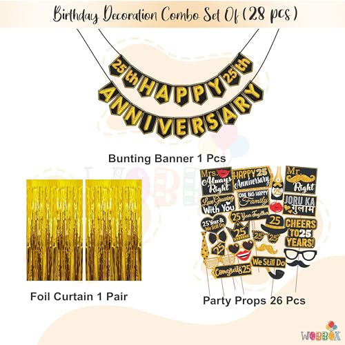 Wobbox Happy Anniversary Bunting Banner Black & Golden Shiny Font 25th Year with Happy Anniversary Party Props & Golden Colour Foil Fringe, Happy Anniversary Decoration Item - Image 2