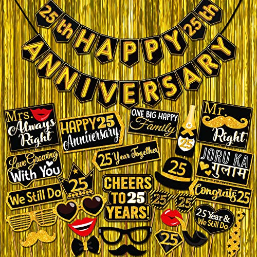 Wobbox Happy Anniversary Bunting Banner Black & Golden Shiny Font 25th Year with Happy Anniversary Party Props & Golden Colour Foil Fringe, Happy Anniversary Decoration Item - Image 1
