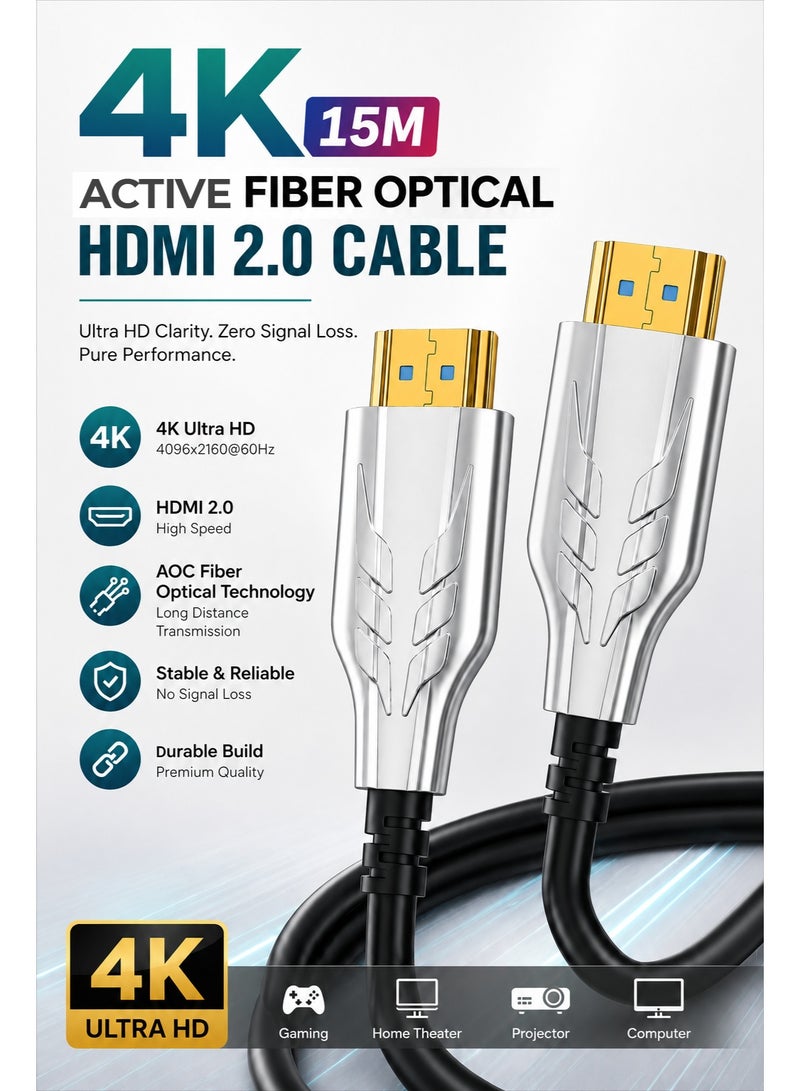 HD 4K HDR Active Fiber Optical HDMI 2.0 Cable 15M | 18Gbps High Speed | Ultra HD Video & Audio | Long Distance HDMI Cable for TV, Monitor, Projector, PC & Gaming Console - Image 1