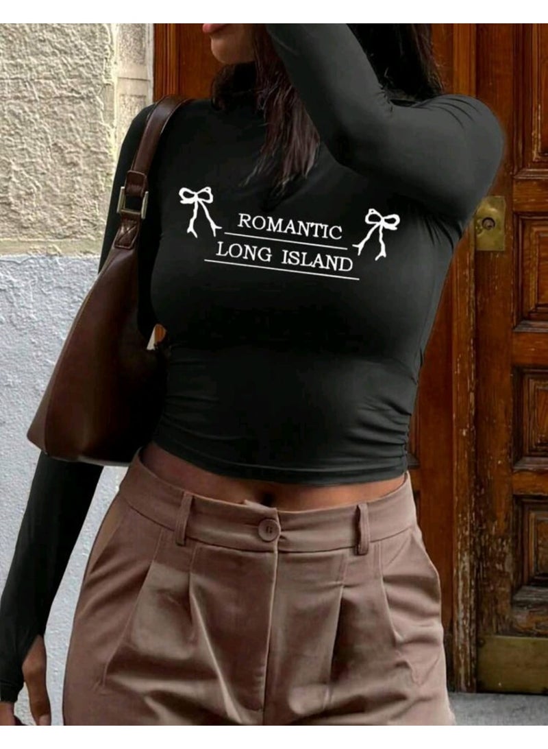 Shein Women's Solid Color Round Neck Long Sleeve Tight Fit Top T-Shirt,SHEIN CROP TOP - Image 2