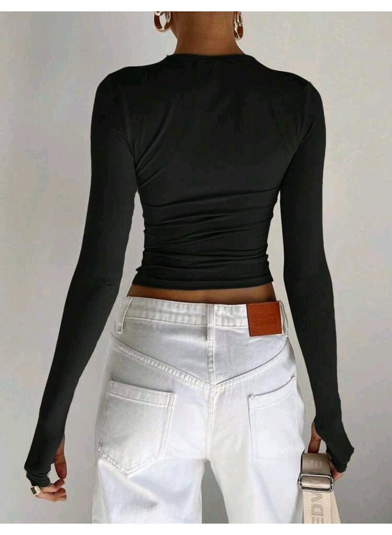 Shein Women's Solid Color Round Neck Long Sleeve Tight Fit Top T-Shirt,SHEIN CROP TOP - Image 3