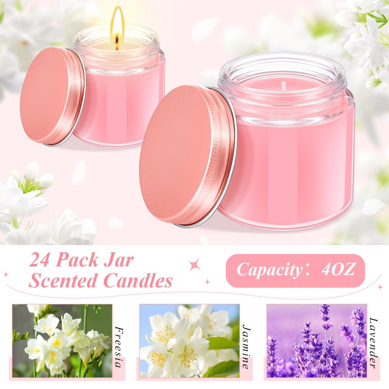 Conelist 24 Pcs Mini Mason Jar Candles Bulk 4 oz Scented Wax Candles Gift Small Soy Scented with Lid Decoration for Wedding Birthday Baby Shower, Freesia, Jasmine, Lavender(Pink) - Image 2
