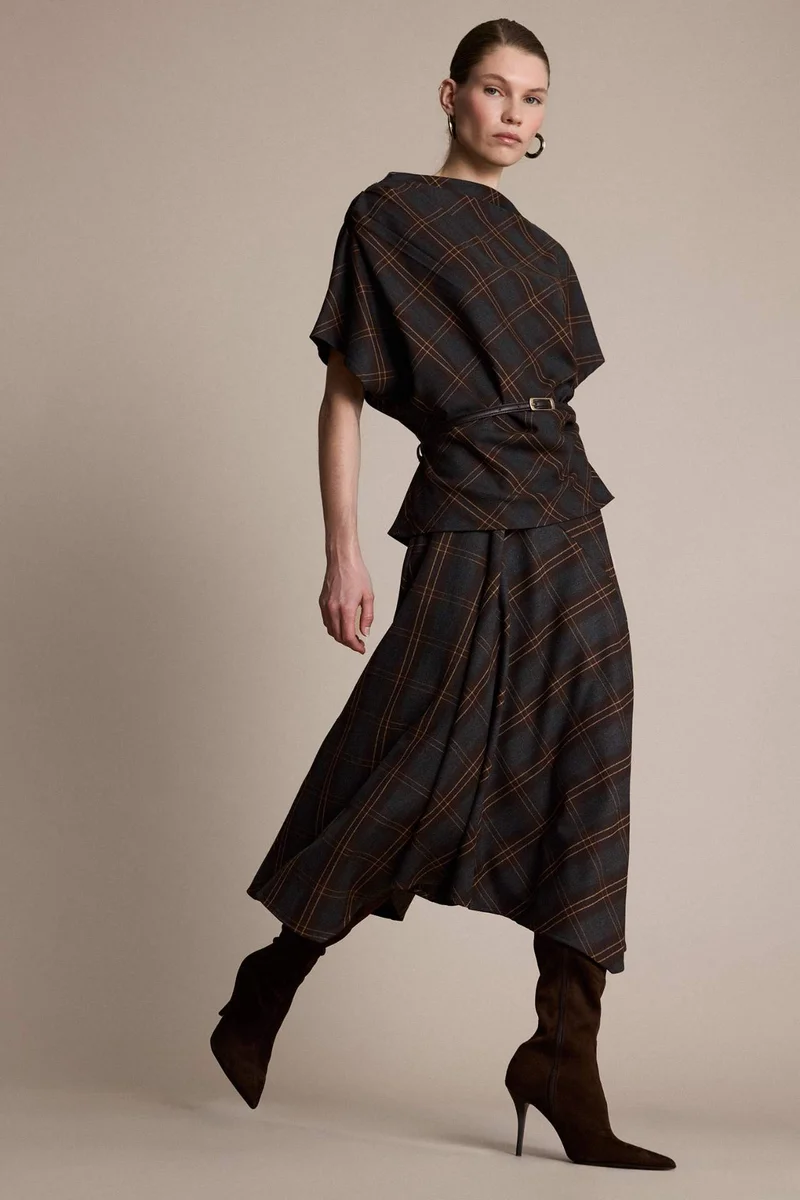 ديفاكتو Pencil Regular Waist Checked Midi Skirt