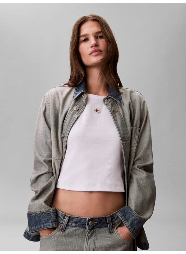 Calvin Klein Jeans Bright White Slim Ribbed Cotton Badge T-Shirt for Women | Best Price UAE