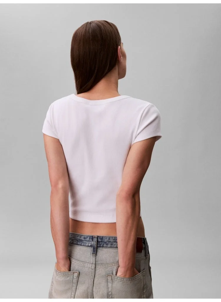Calvin Klein Jeans Bright White Slim Ribbed Cotton Badge T-Shirt for Women | Best Price UAE
