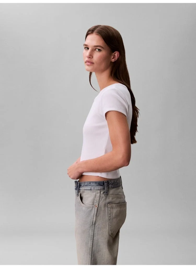 Calvin Klein Jeans Bright White Slim Ribbed Cotton Badge T-Shirt for Women | Best Price UAE