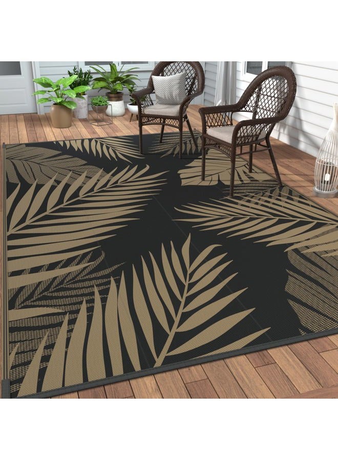 GENIMO Outdoor Rug 9' x 12' Waterproof for Patios Clearance, Reversible Outdoor Plastic Straw Camping Rug Carpet, Large Area Rugs Mats for RV, Camper, Deck, Balcony, Porch, Beach, Picnic, Black&Brown - Image 1