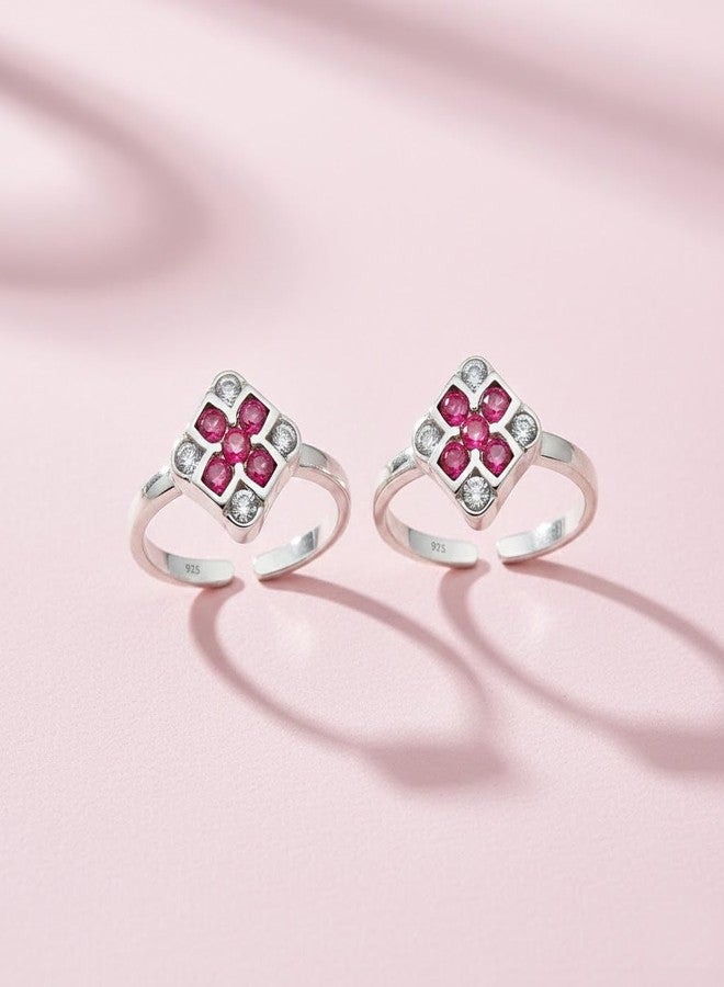 Parnika 925 Sterling Silver Toe Rings for Women | Square Floral Design with Pink & White Stones | Adjustable Open Toe Ring Pair | Pure 92.5 Silver Bichiya for Women - Image 4