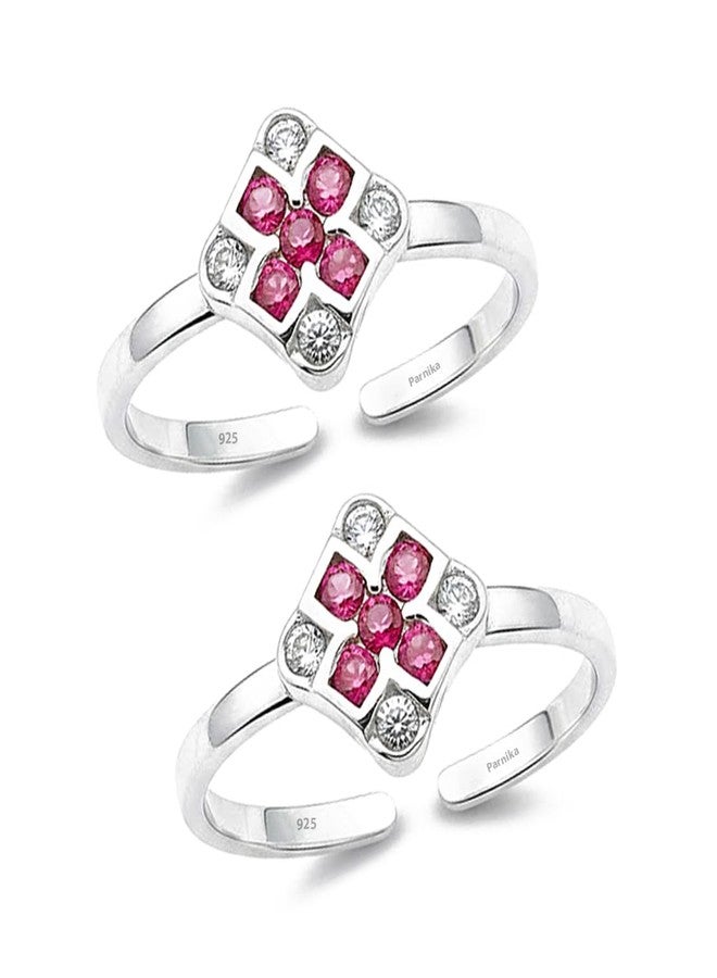 Parnika 925 Sterling Silver Toe Rings for Women | Square Floral Design with Pink & White Stones | Adjustable Open Toe Ring Pair | Pure 92.5 Silver Bichiya for Women - Image 1