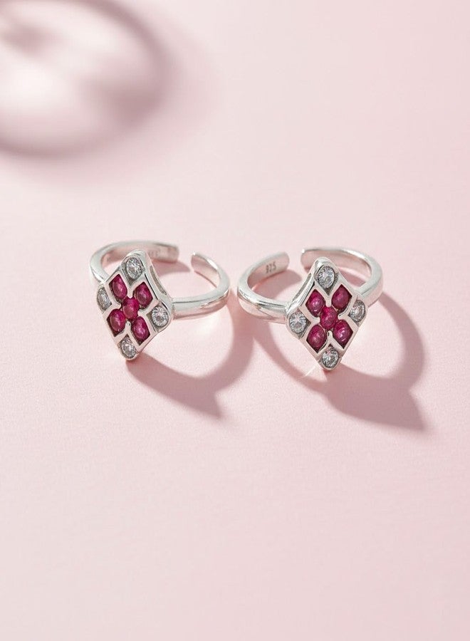 Parnika 925 Sterling Silver Toe Rings for Women | Square Floral Design with Pink & White Stones | Adjustable Open Toe Ring Pair | Pure 92.5 Silver Bichiya for Women - Image 3