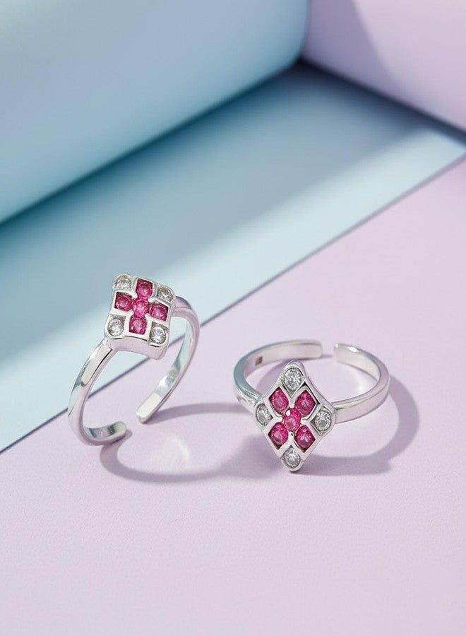 Parnika 925 Sterling Silver Toe Rings for Women | Square Floral Design with Pink & White Stones | Adjustable Open Toe Ring Pair | Pure 92.5 Silver Bichiya for Women - Image 2