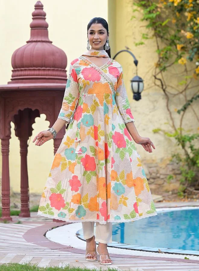 Ishin  Floral Printed Angrakha Beads And Stones Anarkali Kurta With Trouser & Dupatta for Women | Best Price UAE