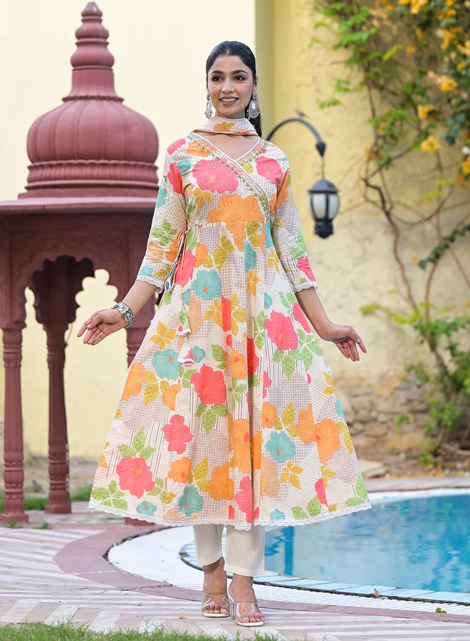 Ishin  Floral Printed Angrakha Beads And Stones Anarkali Kurta With Trouser & Dupatta for Women | Best Price UAE