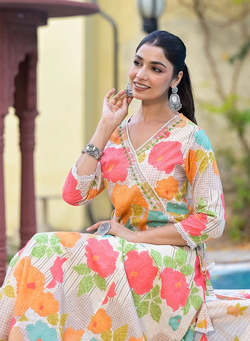 Ishin  Floral Printed Angrakha Beads And Stones Anarkali Kurta With Trouser & Dupatta for Women | Best Price UAE