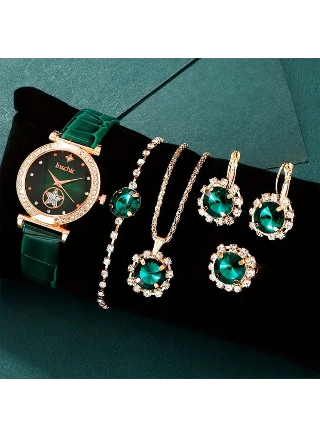 INC 5 Pcs Rhinestone Watch Set，Ladies' Crystal Quartz Watch，Women's Luxurious Bling Crystal Decorated Watch with Earrings, Bracelet, Necklace, Ring,Fashionable and Elegant, Suitable for a gift for women - Image 1