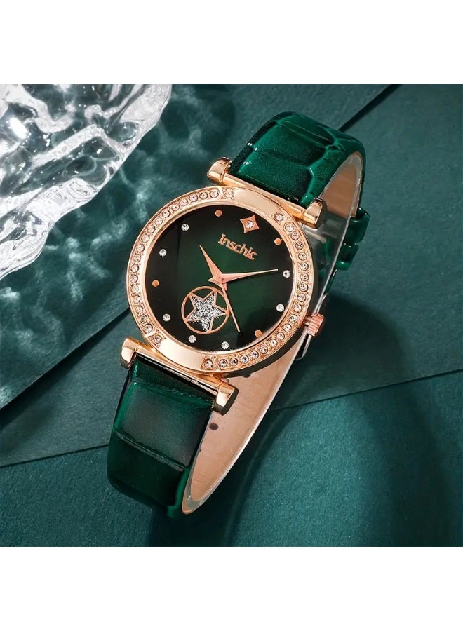 INC 5 Pcs Rhinestone Watch Set，Ladies' Crystal Quartz Watch，Women's Luxurious Bling Crystal Decorated Watch with Earrings, Bracelet, Necklace, Ring,Fashionable and Elegant, Suitable for a gift for women - Image 4