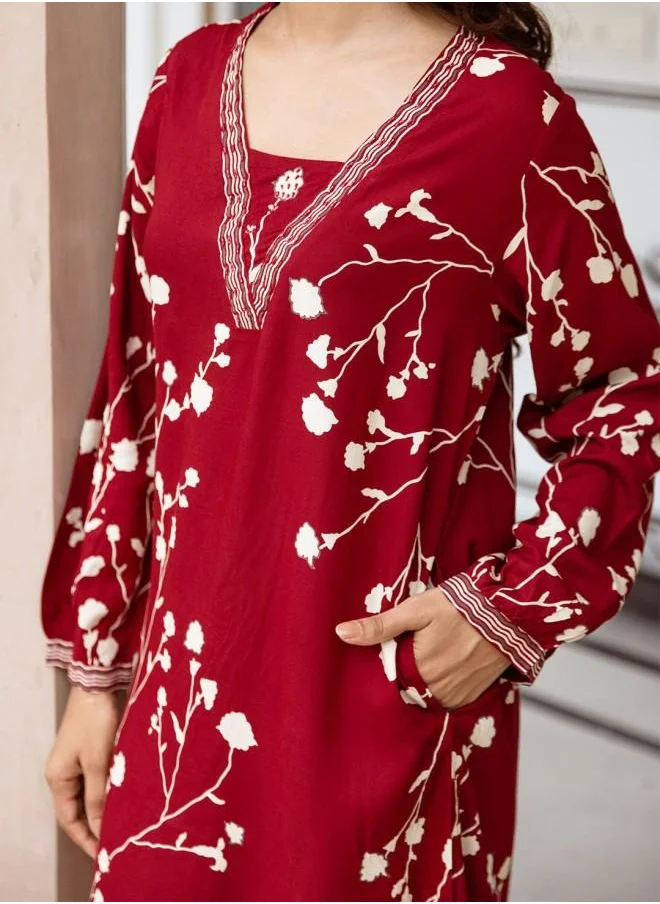 ISHIN Rayon Women Red Rayon Kurta Set with Embroidered pattern Tunic and Palazzo features a Round neckline and Three-Fourth Sleeve secured with Elastic closure and styled in Straight Fit ideal for Festive moments — a must-have for your statement wardrobe.