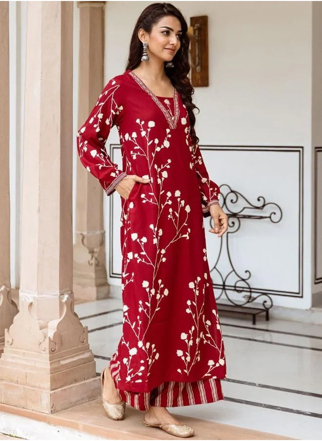 ISHIN Rayon Women Red Rayon Kurta Set with Embroidered pattern Tunic and Palazzo features a Round neckline and Three-Fourth Sleeve secured with Elastic closure and styled in Straight Fit ideal for Festive moments — a must-have for your statement wardrobe.