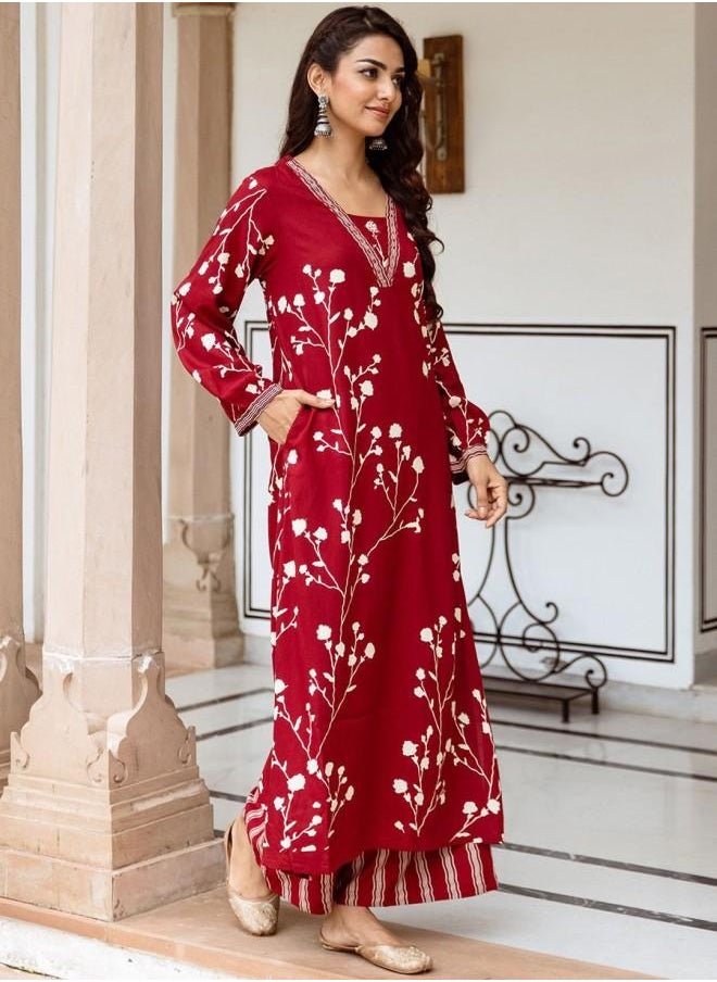 ISHIN Rayon Women Red Rayon Kurta Set with Embroidered pattern Tunic and Palazzo features a Round neckline and Three-Fourth Sleeve secured with Elastic closure and styled in Straight Fit ideal for Festive moments — a must-have for your statement wardrobe.  - Image 5