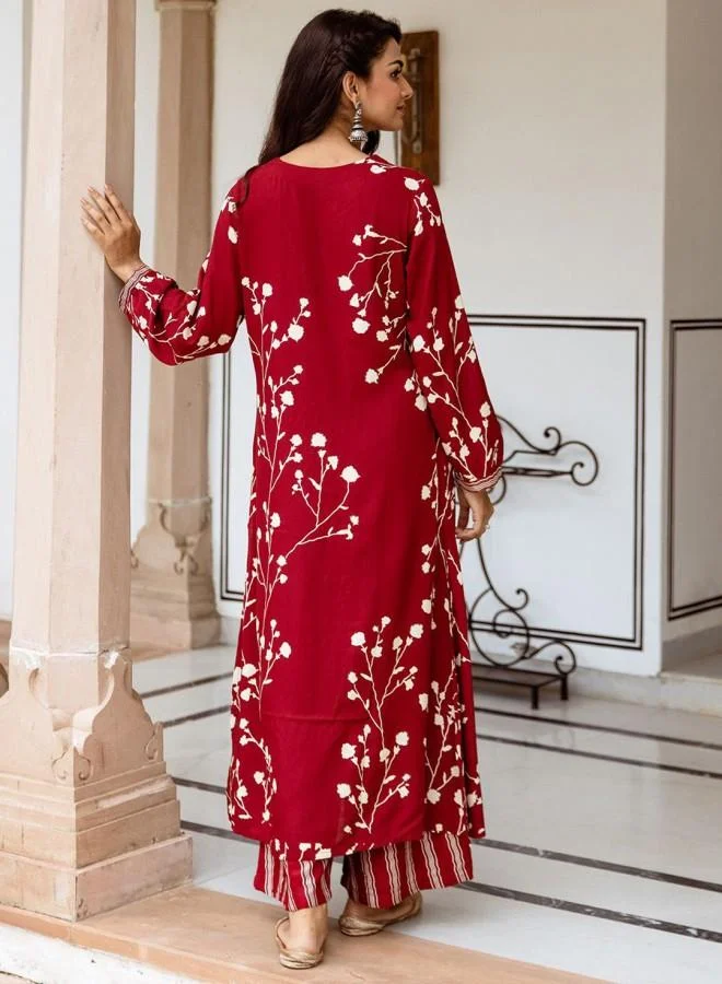 ISHIN Women's Red Rayon Embroidered Tunic Full Length Palazzo Straight Fit Kurta Set