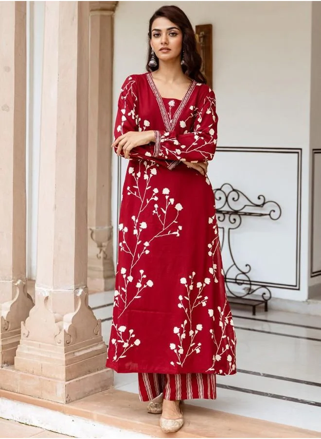ISHIN Rayon Women Red Rayon Kurta Set with Embroidered pattern Tunic and Palazzo features a Round neckline and Three-Fourth Sleeve secured with Elastic closure and styled in Straight Fit ideal for Festive moments — a must-have for your statement wardrobe.