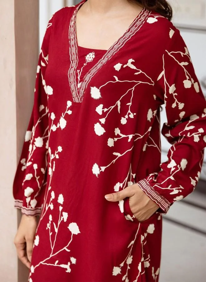 ISHIN Women's Red Rayon Embroidered Tunic Full Length Palazzo Straight Fit Kurta Set
