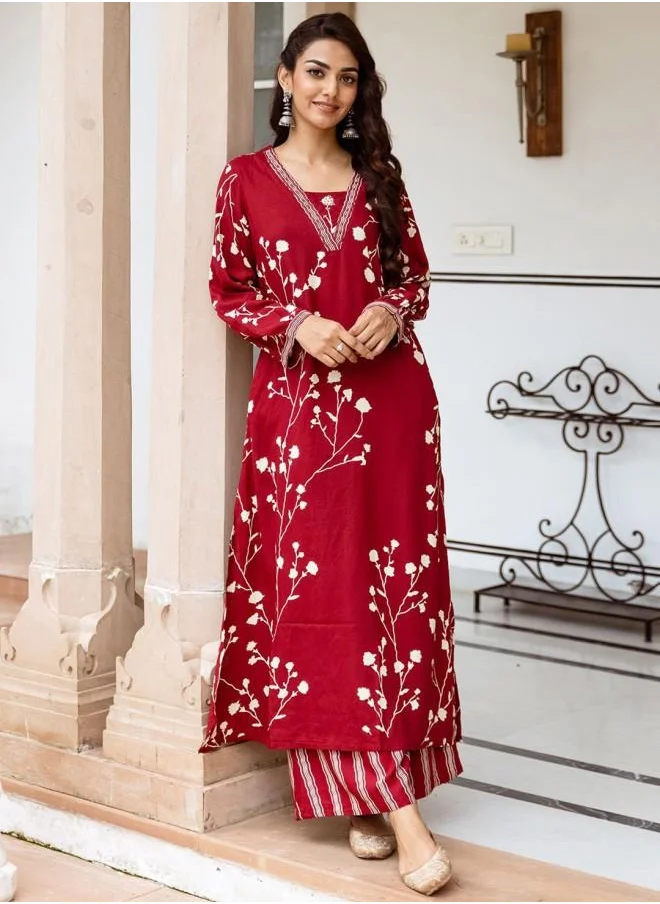 ISHIN Rayon Women Red Rayon Kurta Set with Embroidered pattern Tunic and Palazzo features a Round neckline and Three-Fourth Sleeve secured with Elastic closure and styled in Straight Fit ideal for Festive moments — a must-have for your statement wardrobe.
