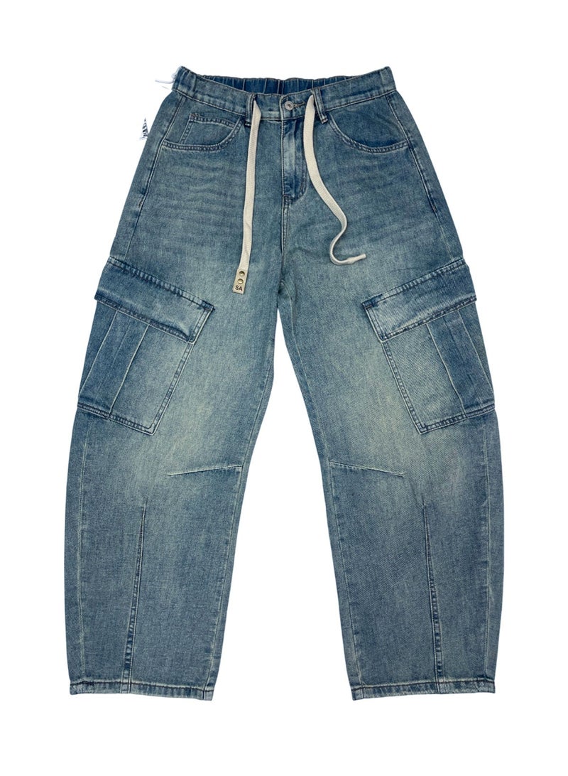 Hub For Less selvega Men's Cargo Skater Jeans – Baggy Fit, Front Craft Details & Waist Lace Finish - Image 1